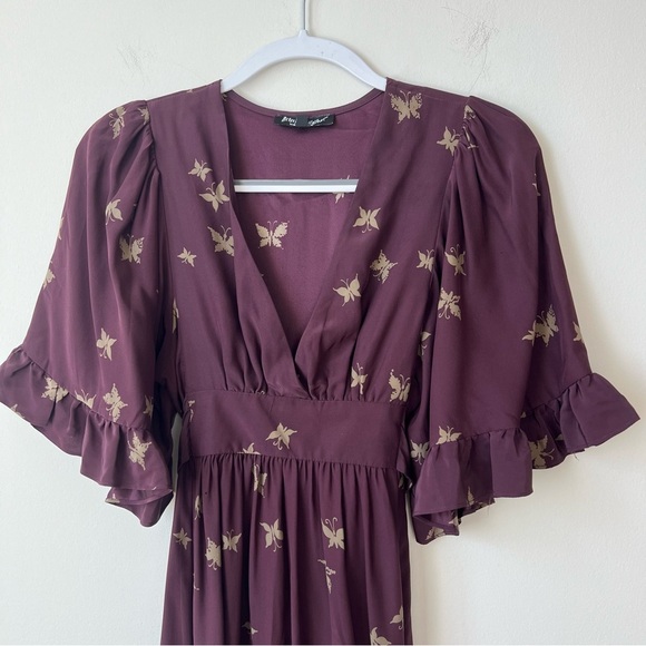Vintage Betsey Johnson Plum Butterfly Print Ruffle Silk Midi Dress - Picture 4 of 14